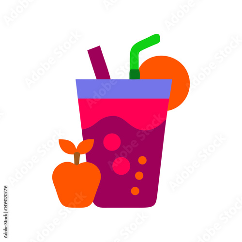 Bright flat vector of a fruit juice glass with bubbles, straws, apple, and orange slice, ideal for fresh drink or health themes.
