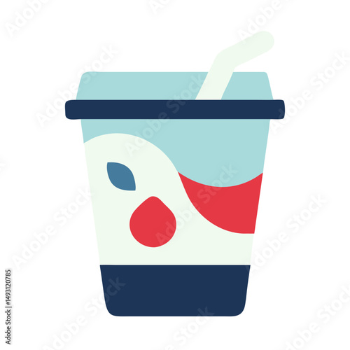 Flat vector illustration of a yogurt cup with a lid and spoon, decorated with fruit shapes, representing dairy or snack products.
