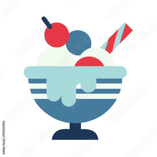 Flat vector illustration of an ice cream sundae in a bowl, topped with cherries and a wafer stick, perfect for dessert themes.
