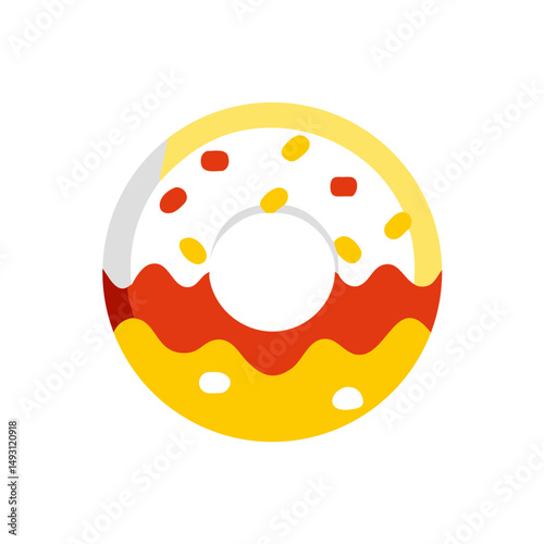 Flat vector illustration of a round donut with colorful frosting and sprinkles, perfect for dessert, snack, and breakfast visuals.
