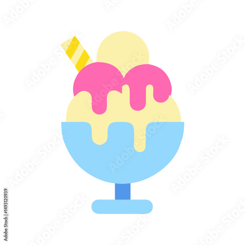 Bright and playful flat icon of an ice cream sundae with syrup and wafer stick, perfect for dessert themes and summer treats.
