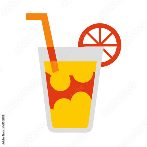 Flat vector icon showing a glass of orange juice with a straw and citrus slice, perfect for summer or refreshment themes.
