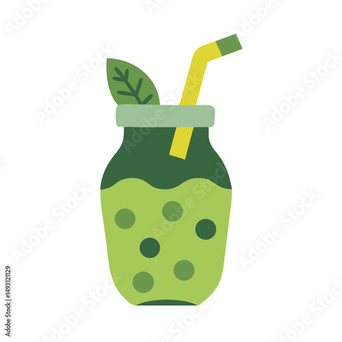 Flat illustration of a green bubble tea drink in a jar with mint leaf and straw, ideal for beverage design themes.

