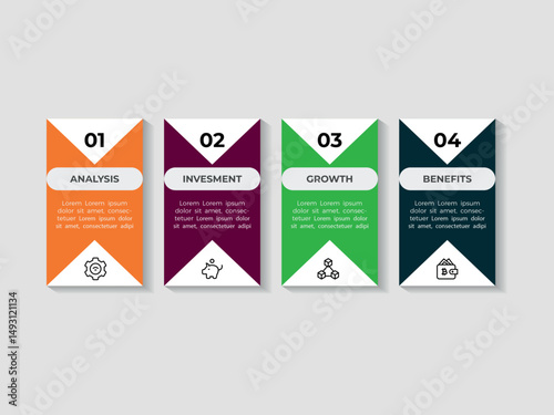 Design template for vector infographic labels with icons and 4 options or steps. Suitable for process diagrams, presentations, workflow layouts, banners, flow charts, and infographics.