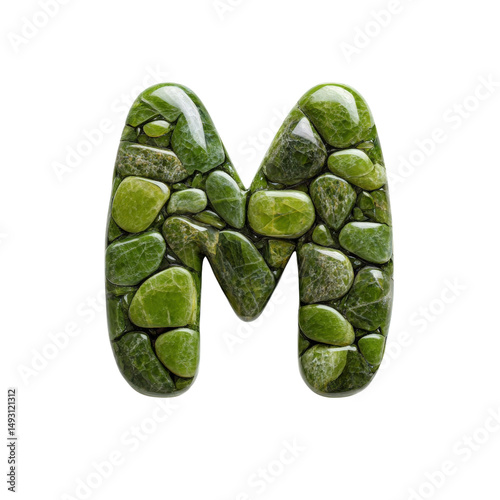 Letter M crafted from polished green moss-covered stones with natural texture and smooth finish