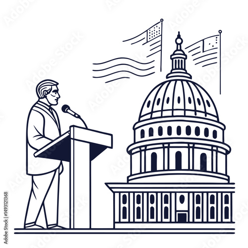 Woman Politician Speaking at Podium in Front of Government Building Illustration