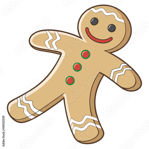 A gingerbread man cookie with white icing on limbs, red and green candy buttons, and a smiling face with black eyes and a red mouth, set against a white background.