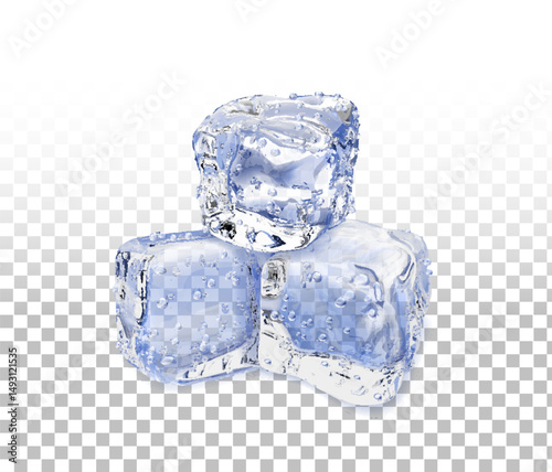Set of realistic translucent ice cubes on transparent background. Cristal melted icy blocks, blue frozen water pieces for cocktail drink, alcohol beverages 3d illustration