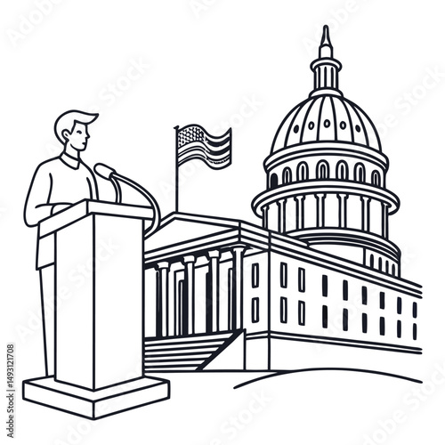 Woman Politician Speaking at Podium in Front of Government Building Illustration