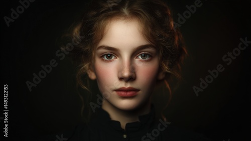 Classic Portrait of a Girl with Fair Skin Bathed in Soft Lighting and Captivating Expression