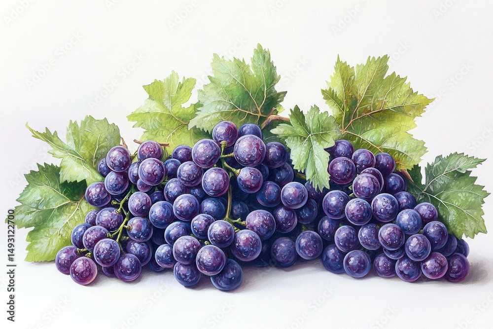 Fototapeta premium Fresh Bunches of Purple Grapes with Green Leaves on White Background for Natural and Organic Food Themes