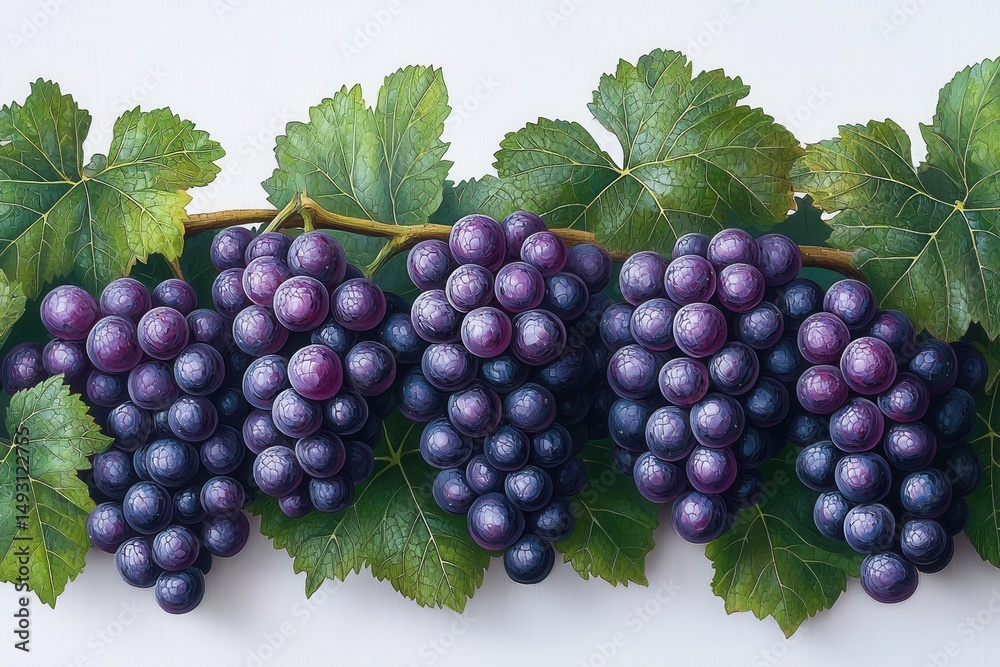 Fototapeta premium Fresh Purple Grapes with Green Leaves on White Background - Vibrant and Juicy Fruit Display for Healthy Eating and Natural Food Concepts