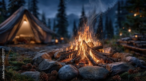 Cozy campsite at dusk, warm campfire illuminating tents, surrounded by tall trees, perfect for storytelling and relaxation.