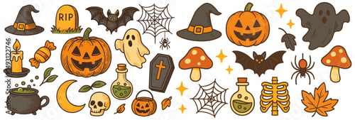 Colorful Halloween icons arranged in a playful pattern offering a cheerful take on spooky elements