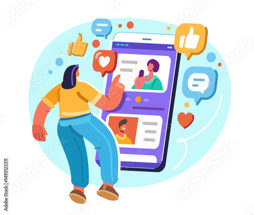 User posting and commenting on social network. Woman uses smartphone for entertainment by viewing internet content