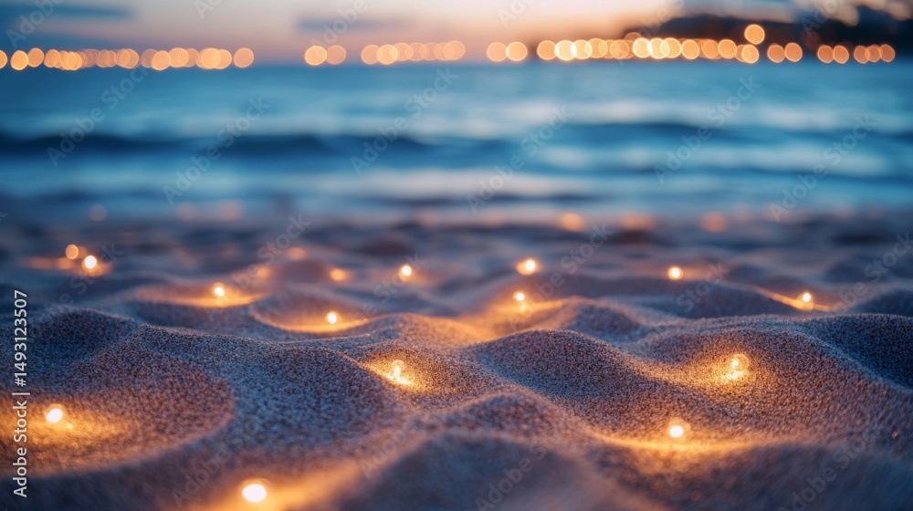 Obraz premium Warm Candlelight on Sandy Beach at Dusk