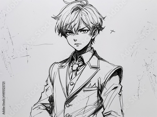 Anime young boy magician on art line drawing in plain white background