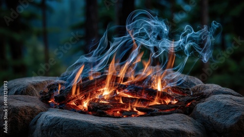 Cozy campfire gathering, warm flames illuminating stones in a serene forest, perfect for storytelling and relaxation.
