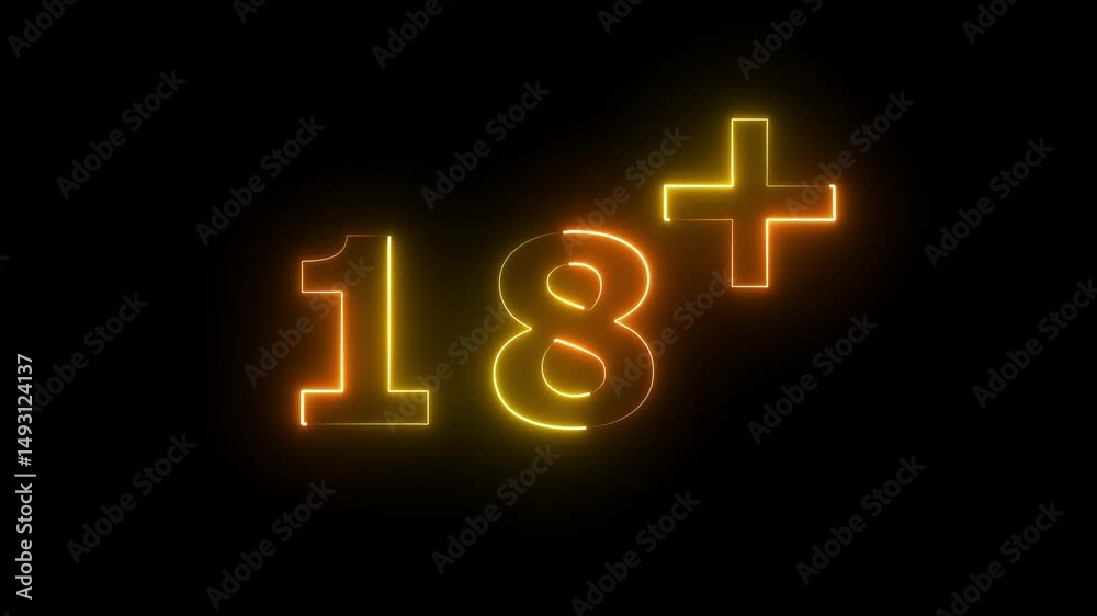 glowing neon color 18+ sign animation icon 18 plus age number adult sign symbol on black background video
