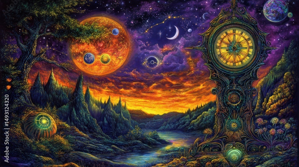 Obraz premium Cosmic clock tower, vibrant landscape