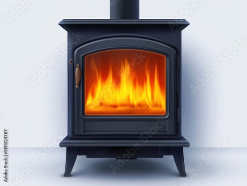 Black Wood Burning Stove with Flames Inside Front View Warmth and Comfort in Minimalist Setting