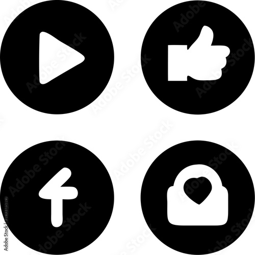 Social Media Icons: Play, Like, Share, and Favorite icons in a simple, bold, and easily recognizable design. Perfect for websites, apps, and presentations.