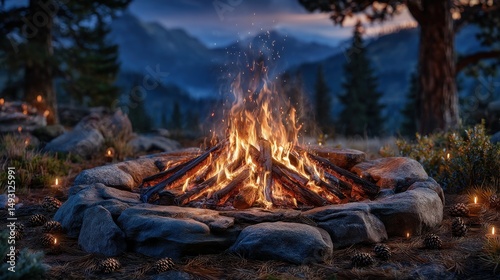 Warm campfire glowing at night, cozy atmosphere surrounded by nature, perfect for storytelling and gatherings.