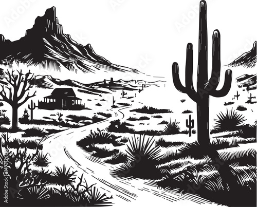 western desert landscape hand drawn vector black and white sketch illustration