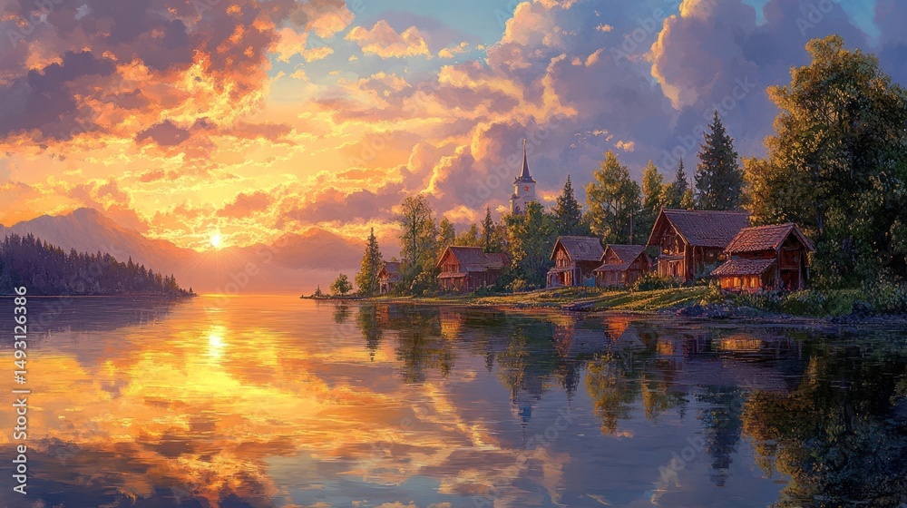Fototapeta premium Golden Sunset over Lakeside Village