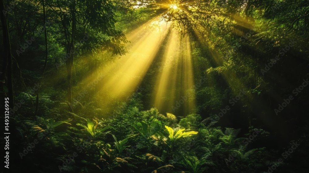 Obraz premium Sunlight streams through dense jungle foliage