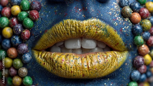 Bold artistic lips, colorful gum texture backdrop, vibrant makeup highlighting creativity and fun, expressive visual focus.