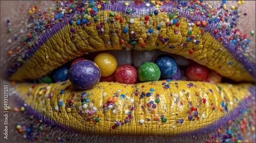 Vibrant lips adorned with colorful candy, artistic makeup showcasing bold hues and playful textures, perfect for creative projects.
