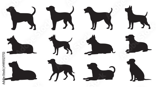 Silhouette Dog Icons Set, Different Poses and Breeds