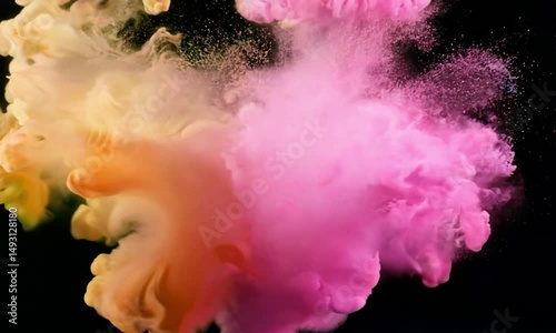 vibrant burst of colorful powder or ink in water, featuring shades of pink, orange, and cream against a black background. The swirling effect and soft gradients create a dynamic and artistic visual, o