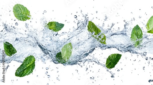 Fresh green mint leaves splashing in clear water on a white background