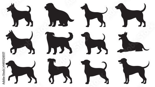 Silhouette Dog Icons Set, Different Poses and Breeds