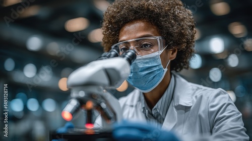 Focused scientist examining sample, Black woman in lab coat and mask using microscope in modern laboratory, innovative research.