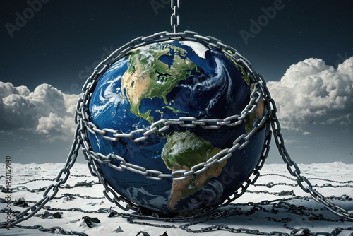 A globe chained to a chain against a cloudy background, representing confinement or limitation