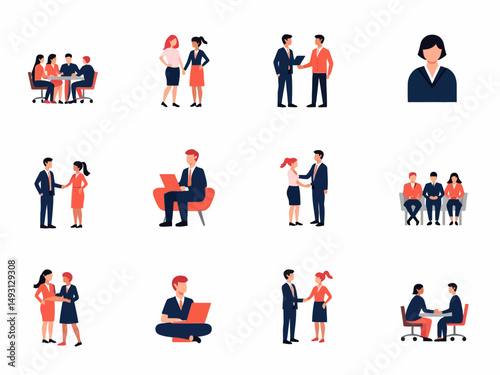 A fun vector set of cartoon business people icons and avatars depicts a diverse group of men and women in various professions and work scenarios