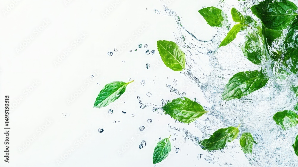 Fresh mint leaves splashing in clear water on a white background Fresh mint leaves splashing in clear water on a white background