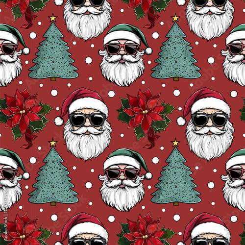 Seamless Christmas pattern with Santa faces, green Christmas trees, red poinsettias, and snow dots on deep red background