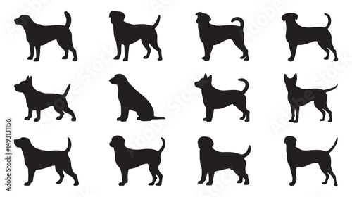 Set of Silhouettes of Different Dog Breeds in Various Poses, Perfect for Animal, Pet, and Dog-Related Designs. Clean and Simple Illustrations Ideal for Pet Industry and Animal Lovers.