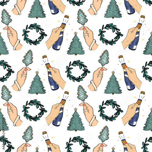 Seamless holiday pattern with champagne bottles, evergreen trees, wreaths, and celebratory hands on a white background