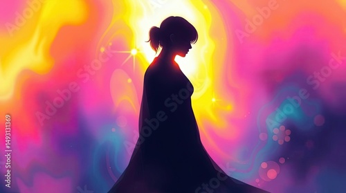 Silhouette of a contemplative woman against a vibrant colorful backdrop