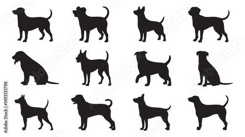 Set of Silhouettes of Different Dog Breeds in Various Poses, Perfect for Animal, Pet, and Dog-Related Designs. Clean and Simple Illustrations Ideal for Pet Industry and Animal Lovers.