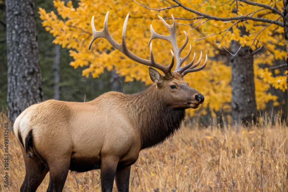 Obraz premium A large elk stands alone in a dense forest