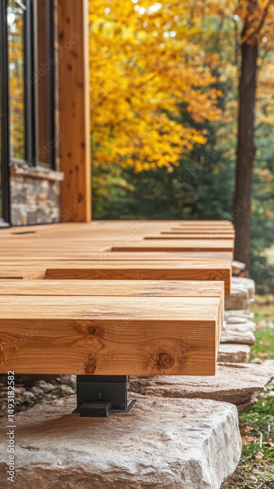 Close up of modern wooden deck on stone foundation with fall foliage in background exterior architectural detail Close up of modern wooden deck on stone foundation with fall foliage in background exterior architectural detail