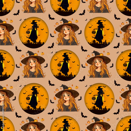 Vector Pattern Featuring Female Witch and Silhouettes. Spooky Witch Seamless Pattern in Halloween Colors