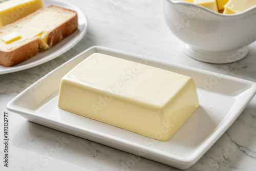 Freshly baked bread and a pat of butter served together on a plate