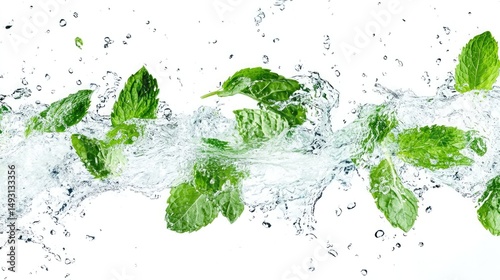 Fresh mint leaves splashing in clear water on a white background
